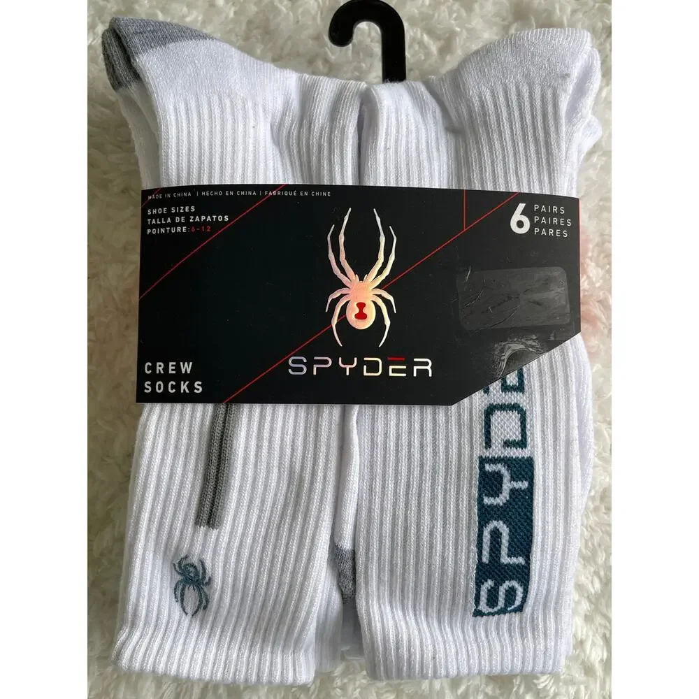 Spyder White Gray Crew Socks 6 pairs NEW Mens Size 6-12 Sports Everyday Comfort